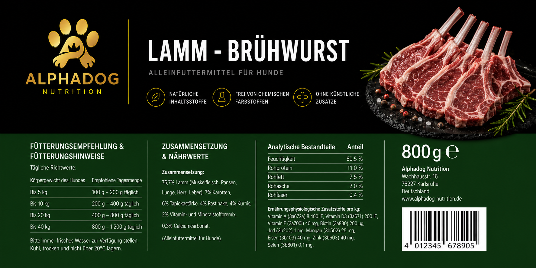 Lamm BARF Wurst Menü mit Kürbis, Pastinake & Karotten, Alleinfuttermittel - Magen-Darm-Schonung Alphadog Nutrition
