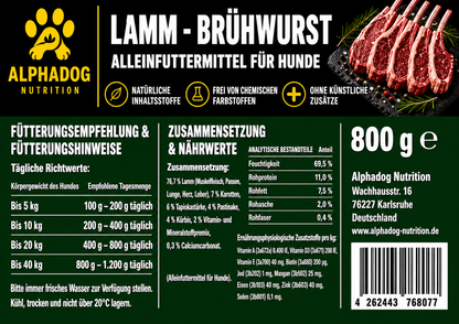 Lamm BARF Ergänzungswurst, Superfood Menü mit Kürbis, Pastinake & Karotten. Alleinfuttermittel - Magen-Darm-Schonung Alphadog Nutrition