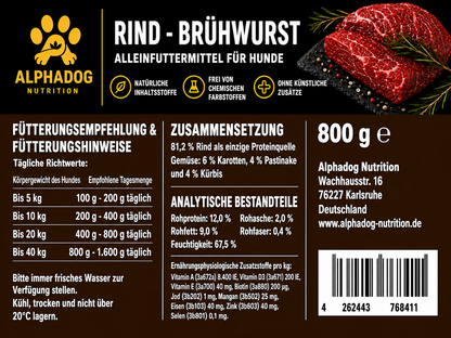 Rind BARF Ergänzungswurst, Superfood Menü mit Kürbis, Pastinake & Karotten. Alleinfuttermittel - Vitalität, Haut & Muskeln Alphadog Nutrition