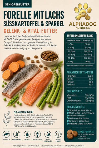 Premium Senior mit 50% frischem Forelle mit Lachs, Süßkartoffel & Spargel - Gelenk, Vital Alphadog Nutrition