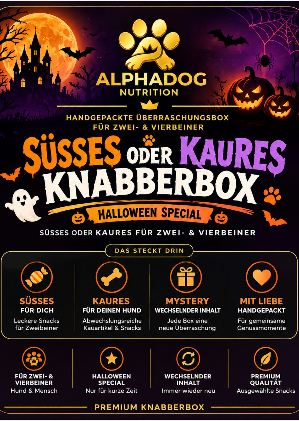 Süßes oder Kaures Halloween Knabberbox + gratis Spielzeug 🎃🧛‍♂️🍭 Süßes oder Kaures für Zwei- & Vierbeiner - Versandkostenfrei