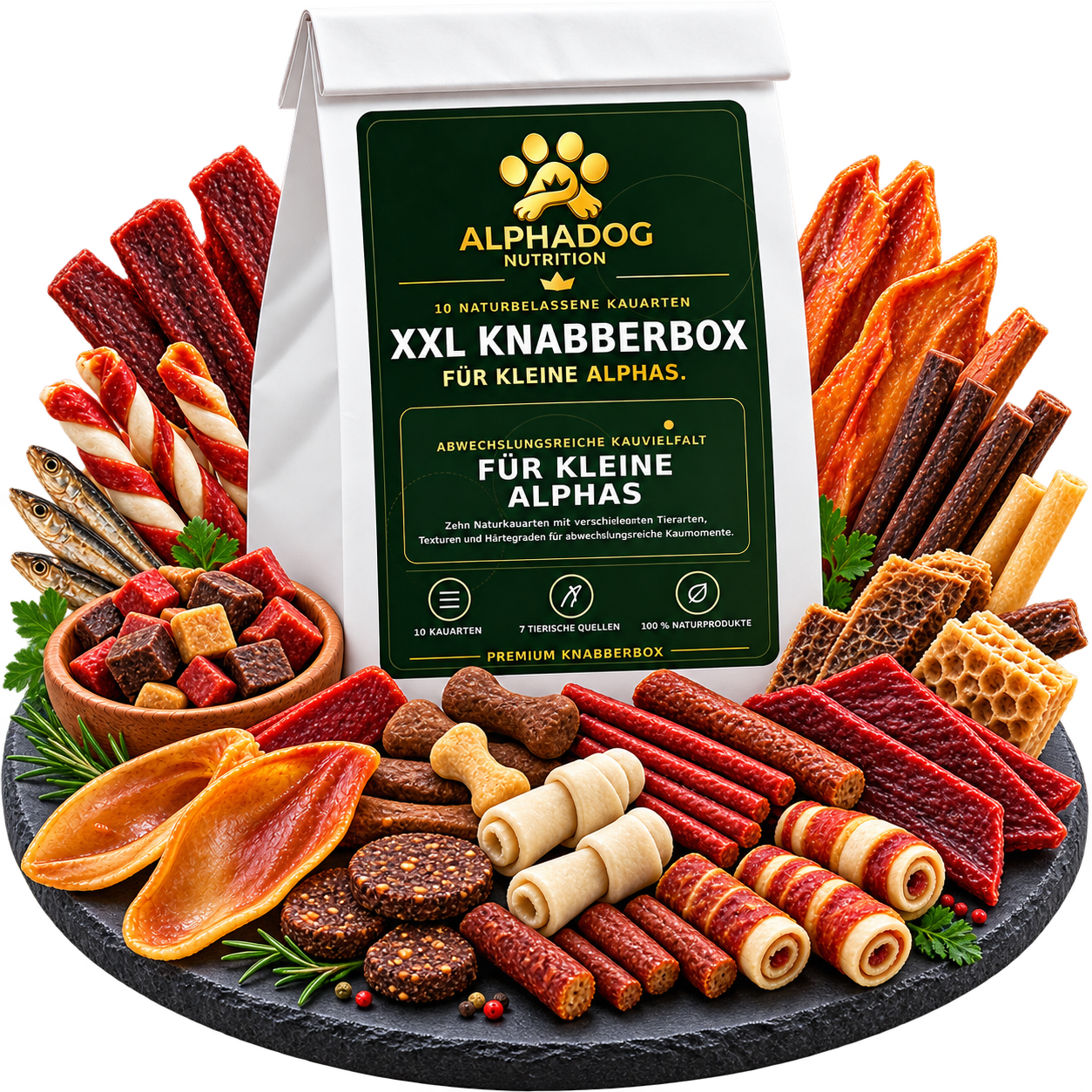 Kleine Alphas XXL Kausnack Bundle – 10 teilige Knabberbox - Versandkostenfrei Alphadog Nutrition