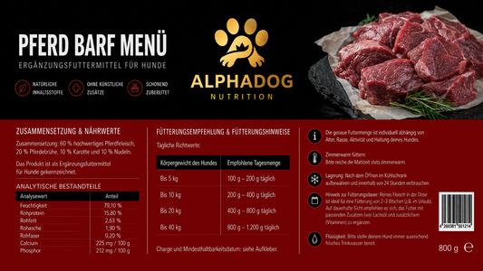 80% Pferd PUR mit Karotten & Nudeln, BARF Menü Ergänzungsfuttermittel - Monoprotein, Sensetiv Alphadog Nutrition