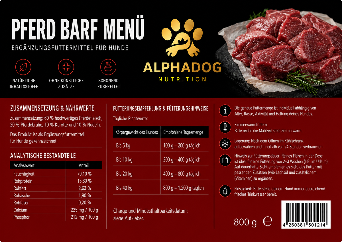 80% Pferd PUR mit Karotten & Nudeln, BARF Menü Ergänzungsfuttermittel - Monoprotein, Sensetiv Alphadog Nutrition