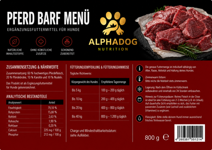 80% Pferd PUR mit Karotten & Nudeln, BARF Menü Ergänzungsfuttermittel - Monoprotein, Sensetiv Alphadog Nutrition