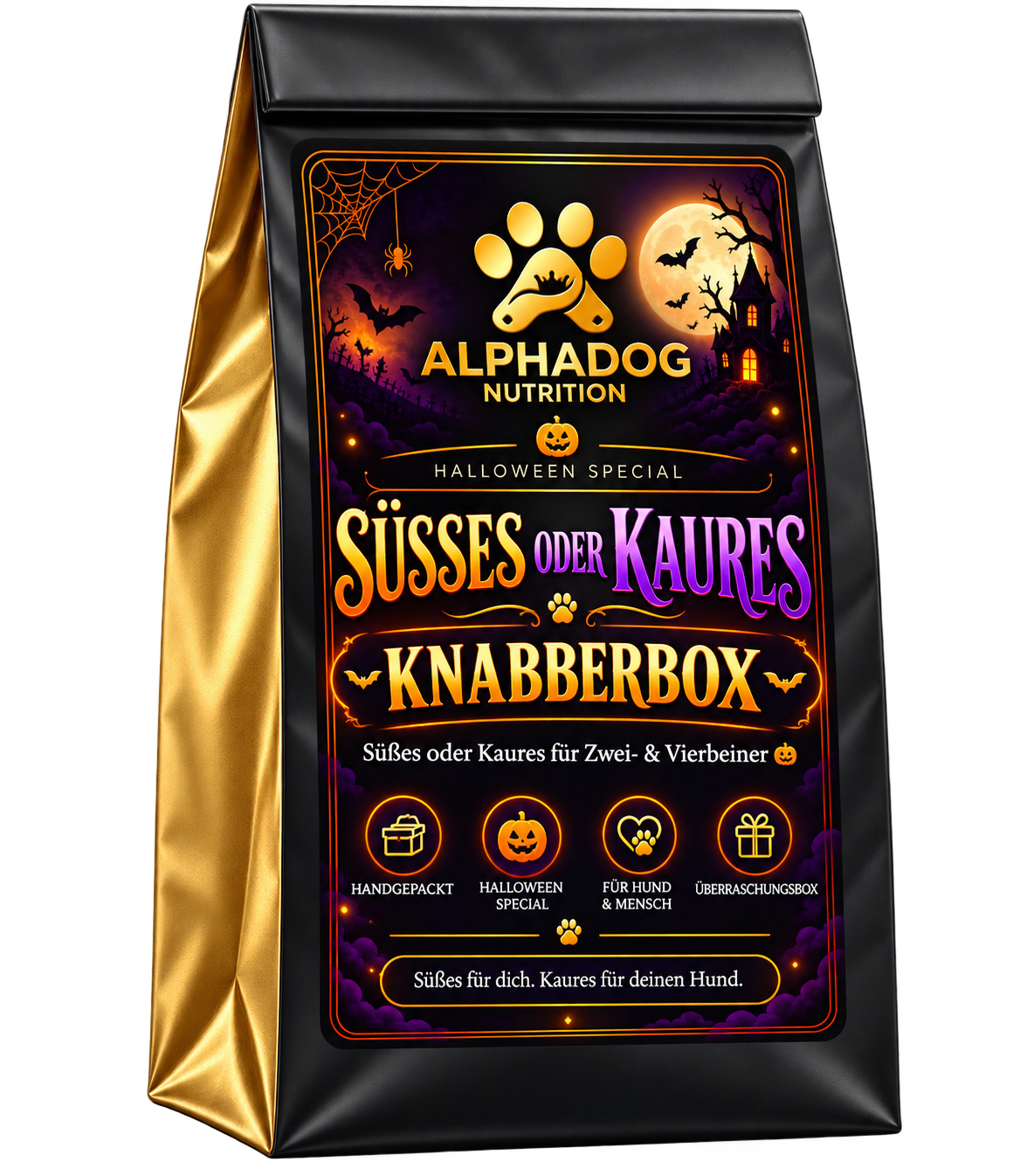 Süßes oder Kaures Halloween Knabberbox + gratis Spielzeug 🎃🧛‍♂️🍭 Süßes oder Kaures für Zwei- & Vierbeiner - Versandkostenfrei