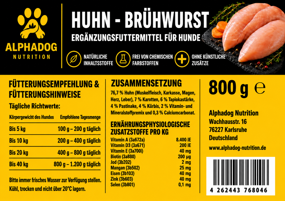 Huhn BARF Ergänzungswurst, Superfood Menü mit Kürbis, Pastinake & Karotten. Alleinfuttermittel - Verdauung, Immunsystem Alphadog Nutrition