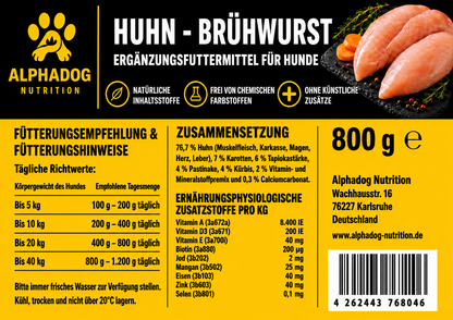 Huhn BARF Ergänzungswurst, Superfood Menü mit Kürbis, Pastinake & Karotten. Alleinfuttermittel - Verdauung, Immunsystem Alphadog Nutrition