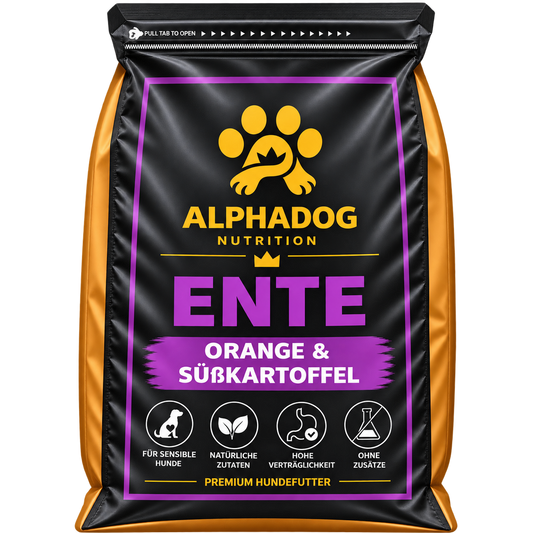 Getreidefreies Trockenfutter 50% Ente davon 28% Ente frisch zubereitet mit Preiselbeeren, Fischöl, Orange, 23% Süßkartoffel & 6% Erbsen - Immunsystem, Allergie