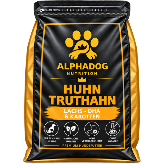 Getreidefreies Trockenfutter 60% Huhn, Truthahn & Lachs davon 20% frischem Huhn mit Fischöl, 22% Süßkartoffel & Karotten - Für Gelenkschutz, DHA – ga-petfood –