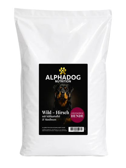 Premium Adult mit 50% frischem Wild & Hirsch, Süßkartoffel, Lachs & Maulbeere Alphadog Nutrition