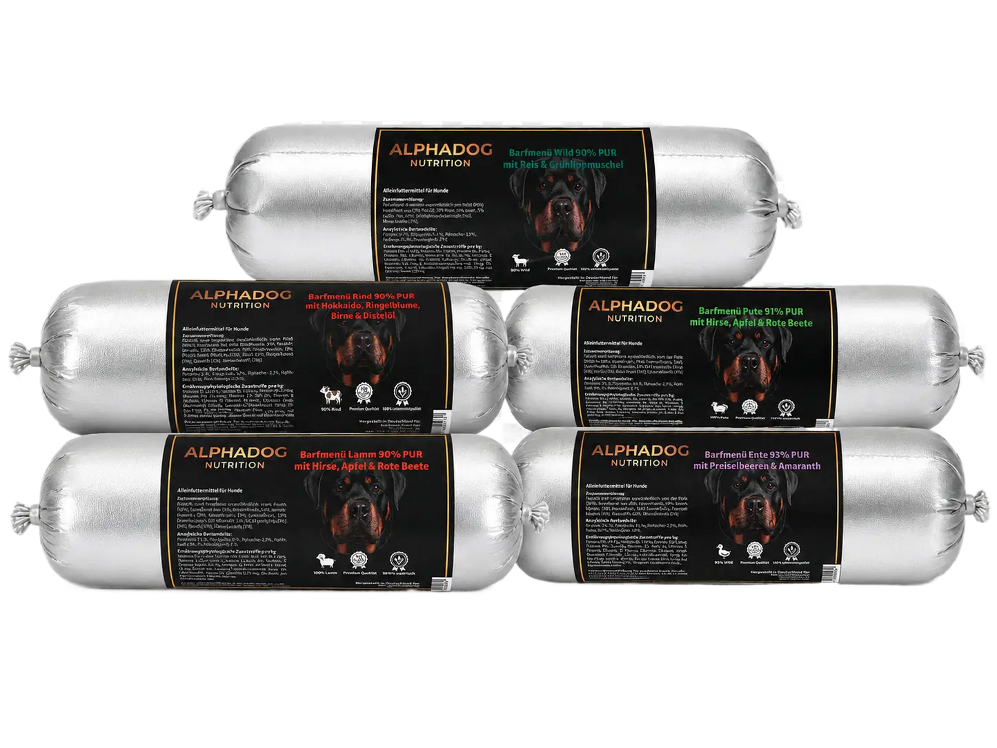 BARF Ergänzungswürste  Probierpaket - 5 Sorten Alphadog Nutrition