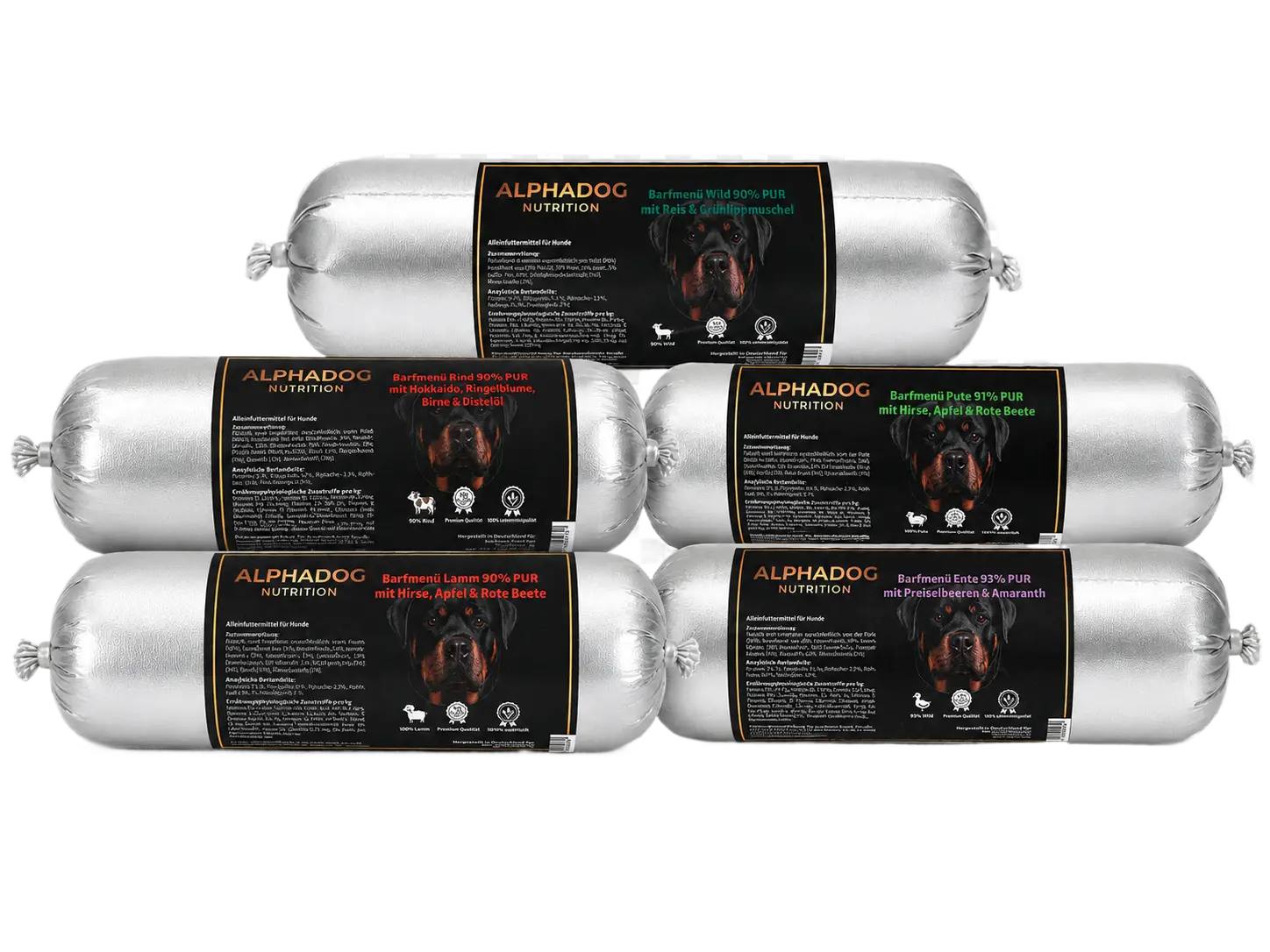 BARF Ergänzungswürste  Probierpaket - 5 Sorten Alphadog Nutrition