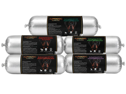 BARF Ergänzungswürste  Probierpaket - 5 Sorten Alphadog Nutrition