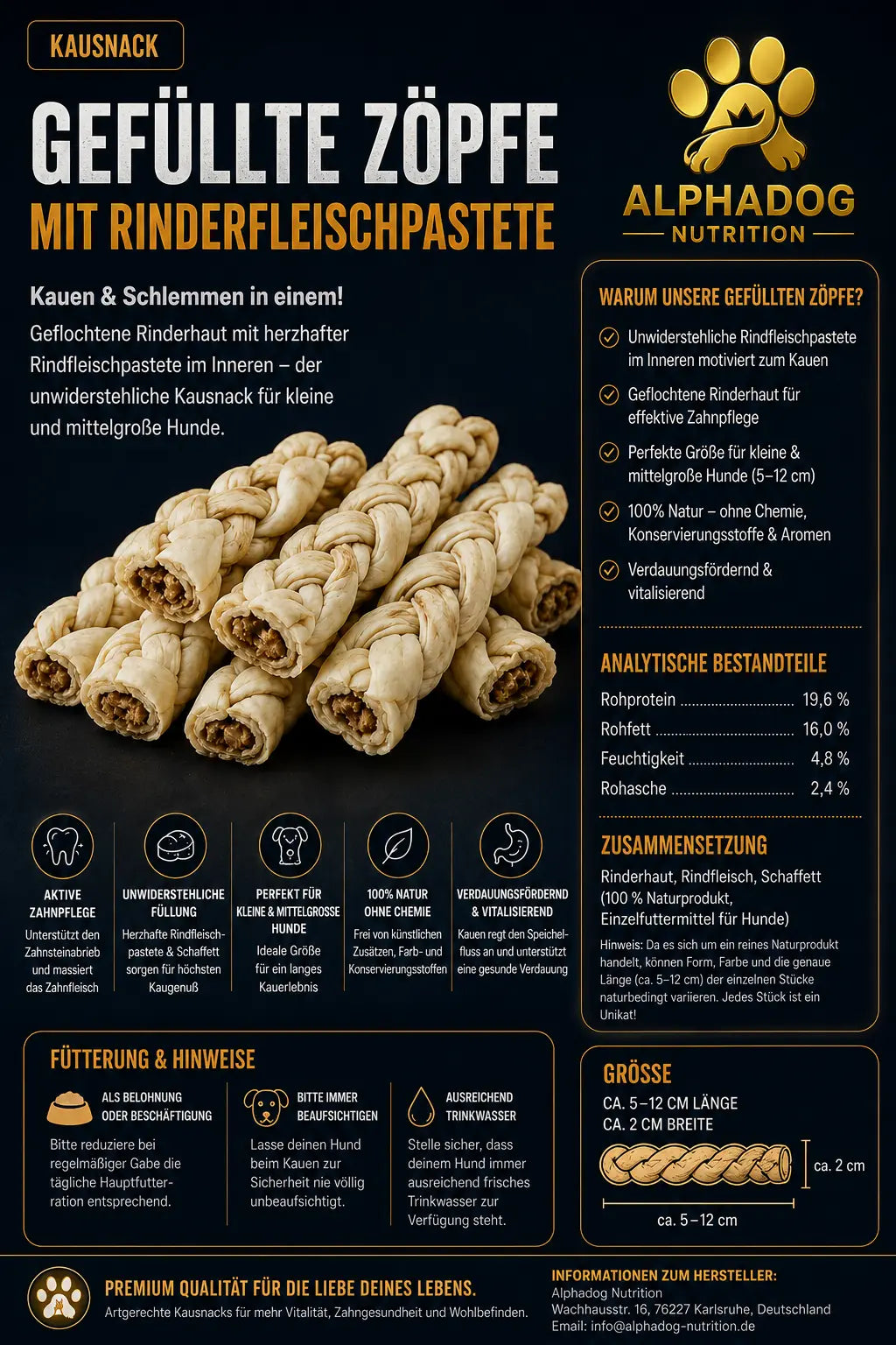 Premium 100% Zöpfe aus Rinderkopfhaut - Zahnbelag & Zahnstein Alphadog Nutrition