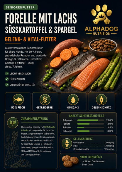 Premium Senior mit 50% frischem Forelle mit Lachs, Süßkartoffel & Spargel - Omega 3, Gelenkschutz Alphadog Nutrition