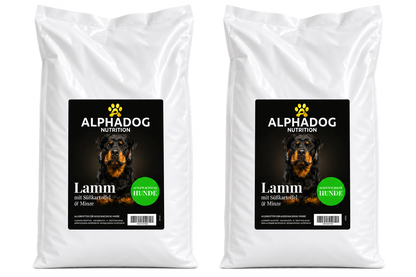 Getreidefreies Trockenfutter 50% Lamm davon 30% frisch zubereitet mit Fischöl, 23% Süßkartoffel, 9% Erbsen & Minze - Allergie, Immunsystem – ga-petfood – von Al