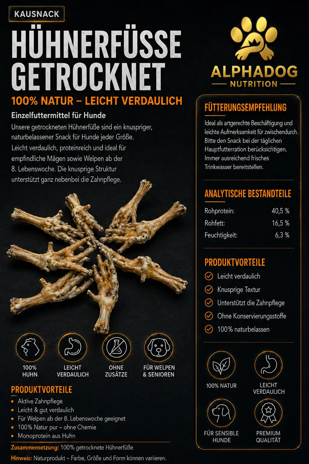 Premium 100% Hühnerfüße - Zahngesundheit, Verdauungsprobleme Alphadog Nutrition
