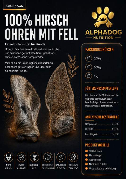 Premium 100% Hirsch Ohren mit Fell - Verdauung, Allergien Alphadog Nutrition