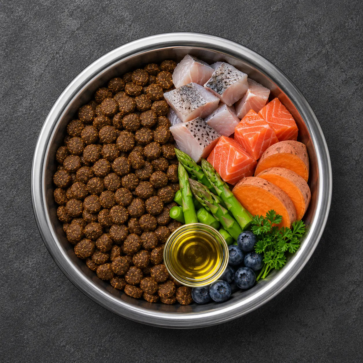 Premium Senior mit 50% frischem Forelle mit Lachs, Süßkartoffel & Spargel - Omega 3, Gelenkschutz Alphadog Nutrition
