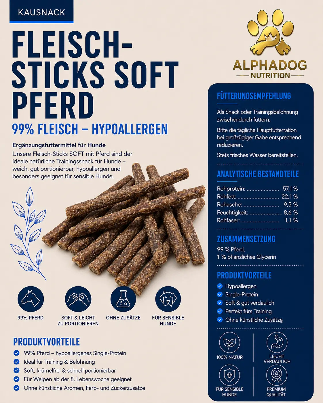 Premium Fleisch Sticks 99% Pferd - Hypoallergen Alphadog Nutrition