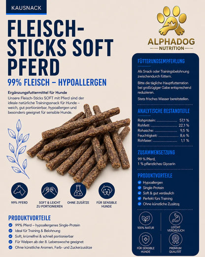 Premium Fleisch Sticks 99% Pferd - Hypoallergen Alphadog Nutrition