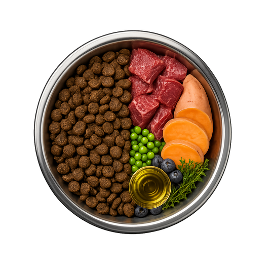 Getreidefreies Premium 50% Angus Rind frisch zubereitet, mit Süßkartoffel, Erbsen & Karotte - Aktive Darmpflege, Kraftquelle Alphadog Nutrition