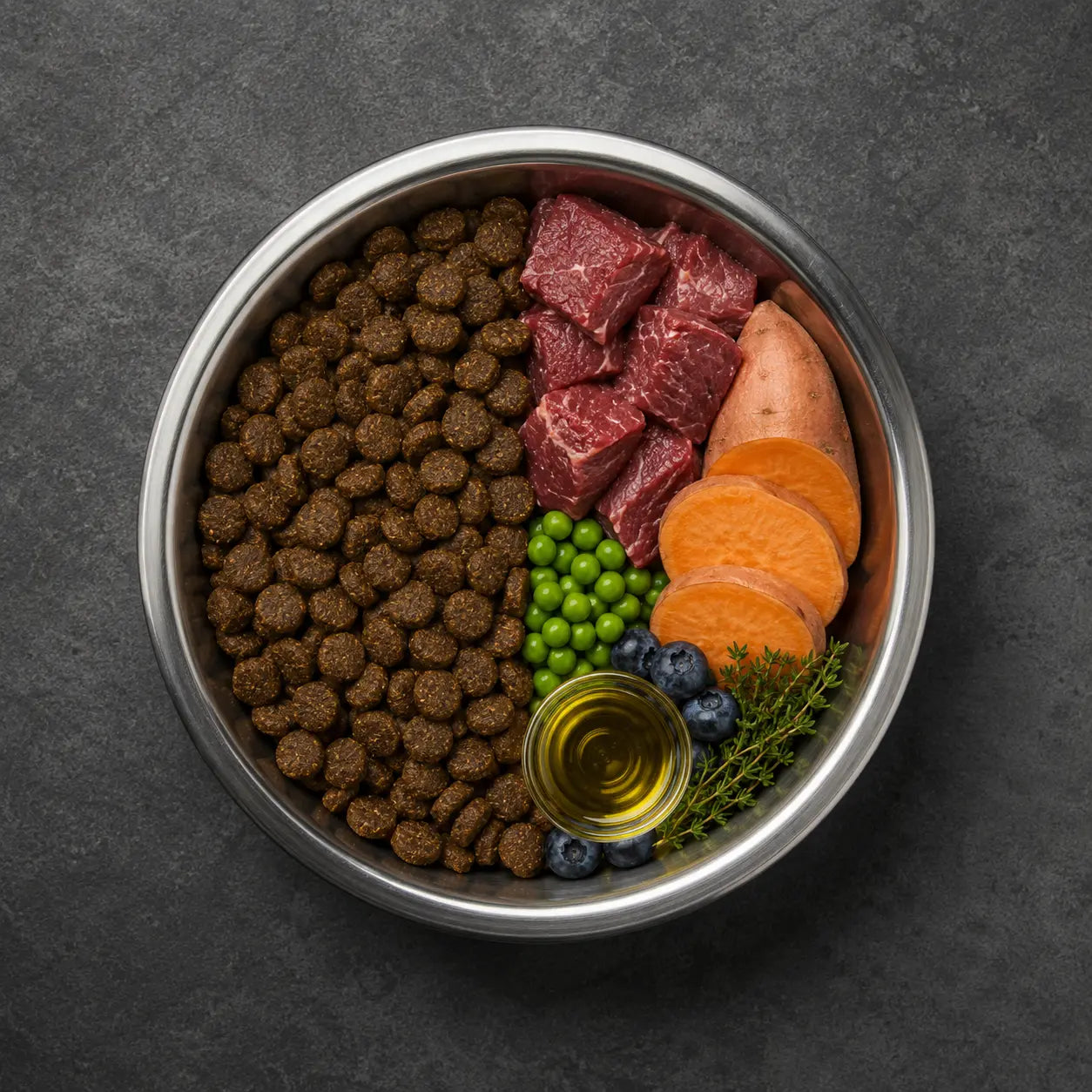 Premium 50% Angus Rind frisch zubereitet, mit Süßkartoffel, Erbsen & Karotte - Aktive Darmpflege, Kraftquelle Alphadog Nutrition