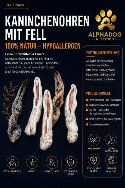 Premium 100% Kaninchenohren mit Fell - Verdauung, Sensitiv Alphadog Nutrition