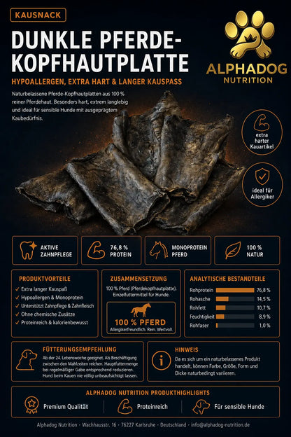 Premium 100% dunkle Pferde Kopfhautplatte - Extra hart, langer Kauspaß Alphadog Nutrition