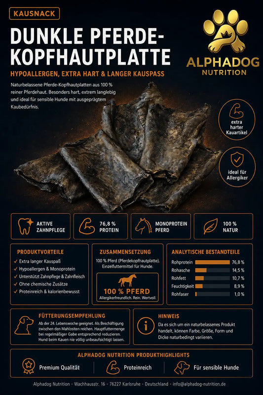 Premium 100% dunkle Pferde Kopfhautplatte - Extra hart, langer Kauspaß Alphadog Nutrition