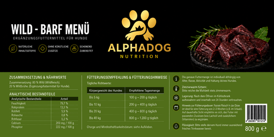 100% Wild PUR, BARF Menü Ergänzungsfuttermittel - Monoprotein, Sensetiv Alphadog Nutrition