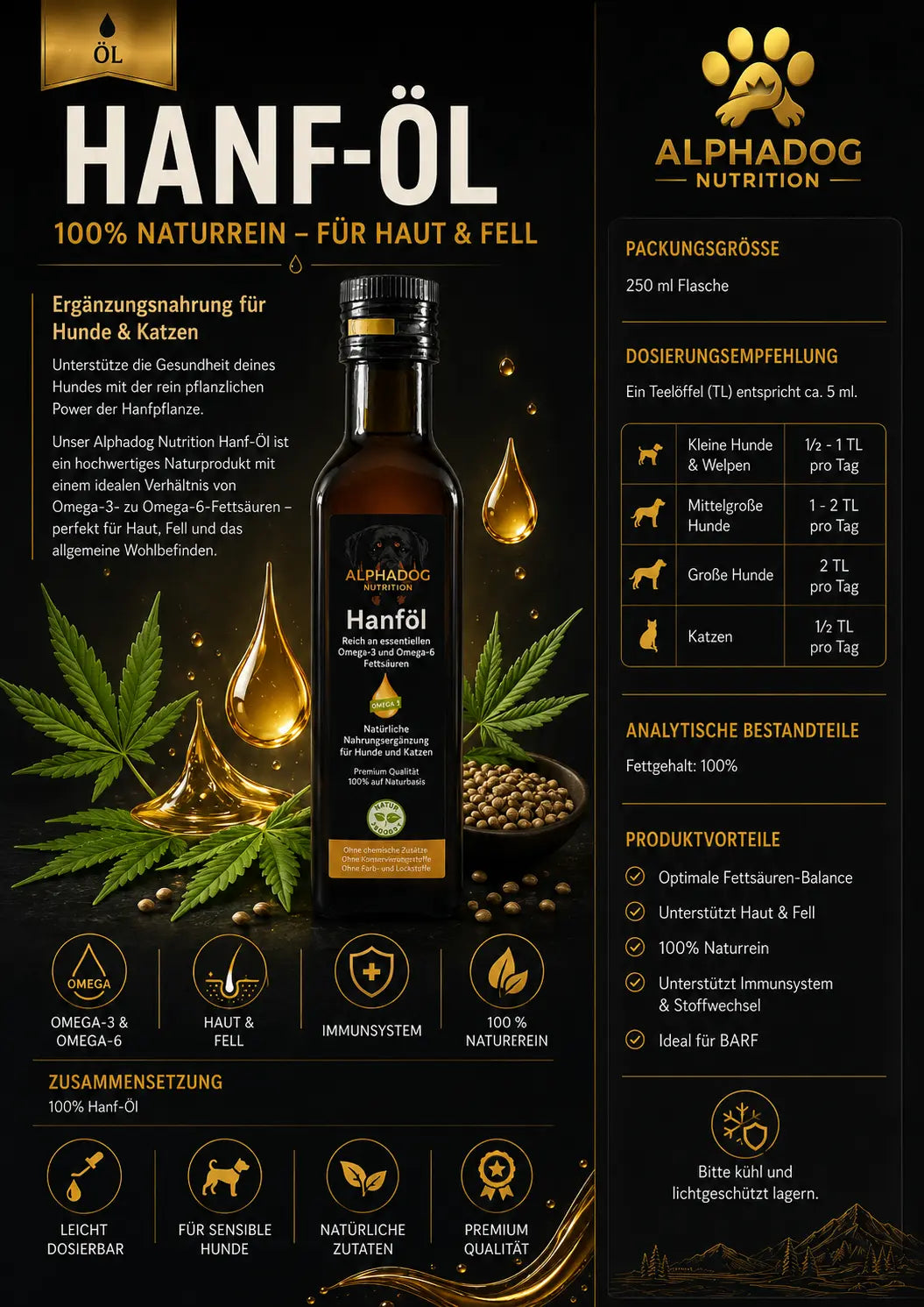 Naturreines Hanf-Öl mit Omega-3 & 6 Alphadog Nutrition