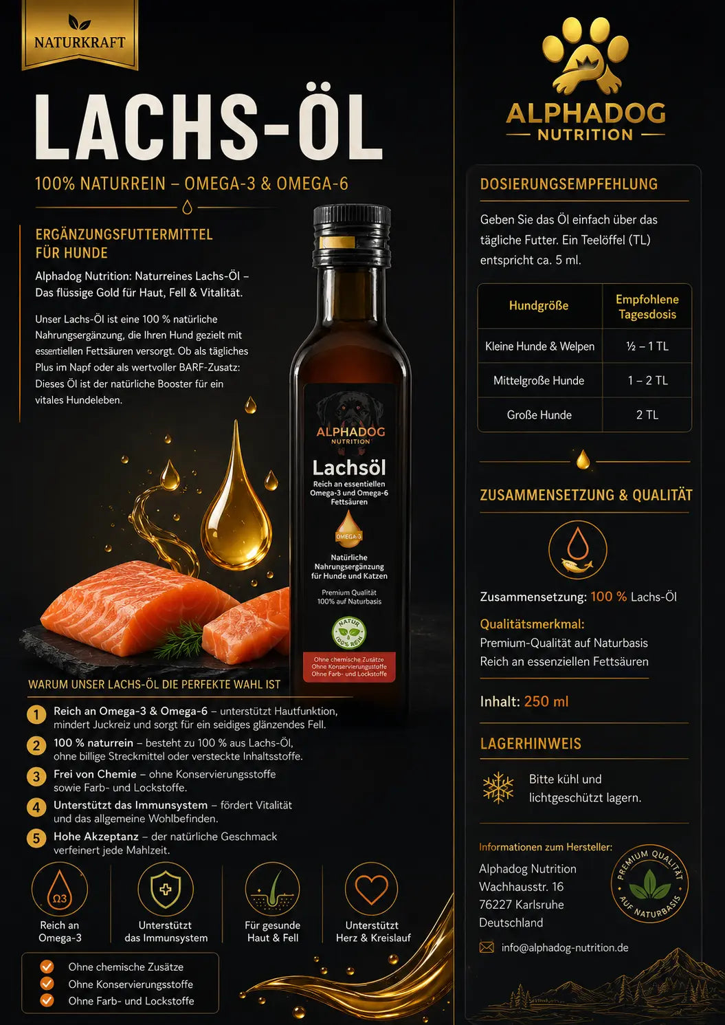 Naturreines Lachs-Öl mit Omega-3 & 6 Alphadog Nutrition