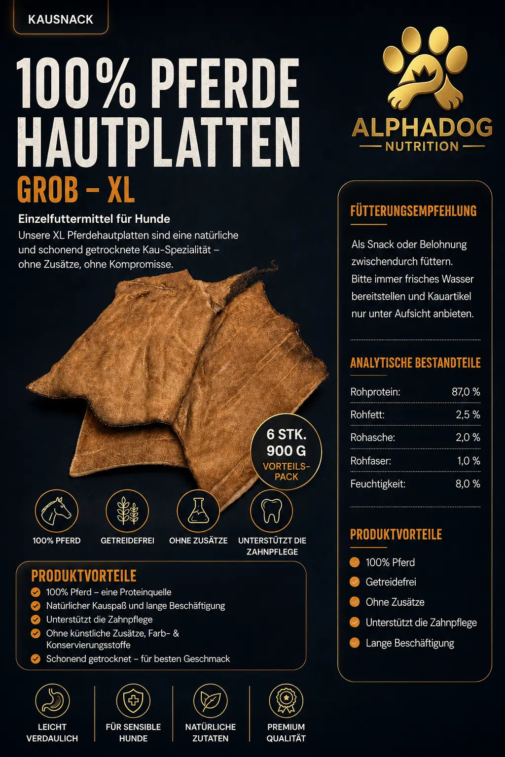 Premium 100% Pferde Hautplatten Grob L/XL - Zahnstein, Plaque, Maulgeruch Alphadog Nutrition