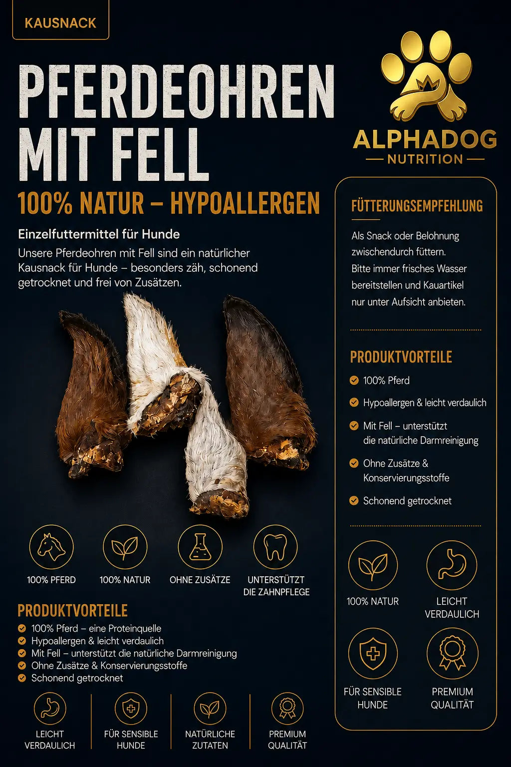 Premium 100% Pferdeohren mit Fell L - Verdauung, Allergien Alphadog Nutrition