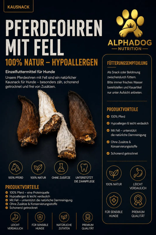 Premium 100% Pferdeohren mit Fell L - Verdauung, Allergien Alphadog Nutrition