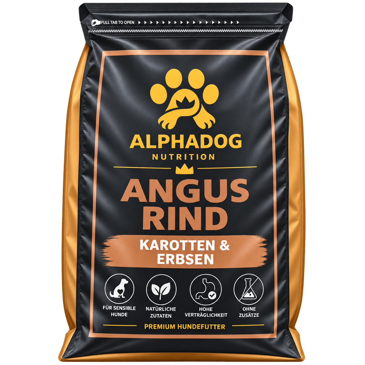 Getreidefreies Trockenfutter 50% Angus Rind davon 28% frisch zubereitet, mit Fischöl, 26% Süßkartoffel, 7,5% Erbsen & Karotten - Aktive Darmpflege, Kraftquelle