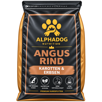 Getreidefreies Trockenfutter 50% Angus Rind davon 28% frisch zubereitet, mit Fischöl, 26% Süßkartoffel, 7,5% Erbsen & Karotten - Aktive Darmpflege, Kraftquelle