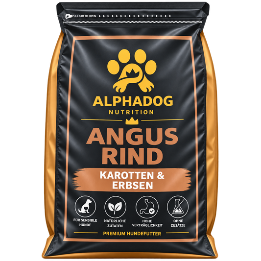 Getreidefreies Trockenfutter 50% Angus Rind davon 28% frisch zubereitet, mit Fischöl, 26% Süßkartoffel, 7,5% Erbsen & Karotten - Aktive Darmpflege, Kraftquelle
