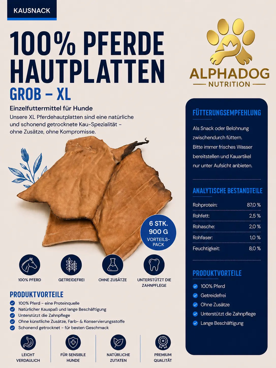 Premium 100% Pferde Hautplatten Grob XL - Zahnstein, + Plaque, + Maulgeruch Alphadog Nutrition