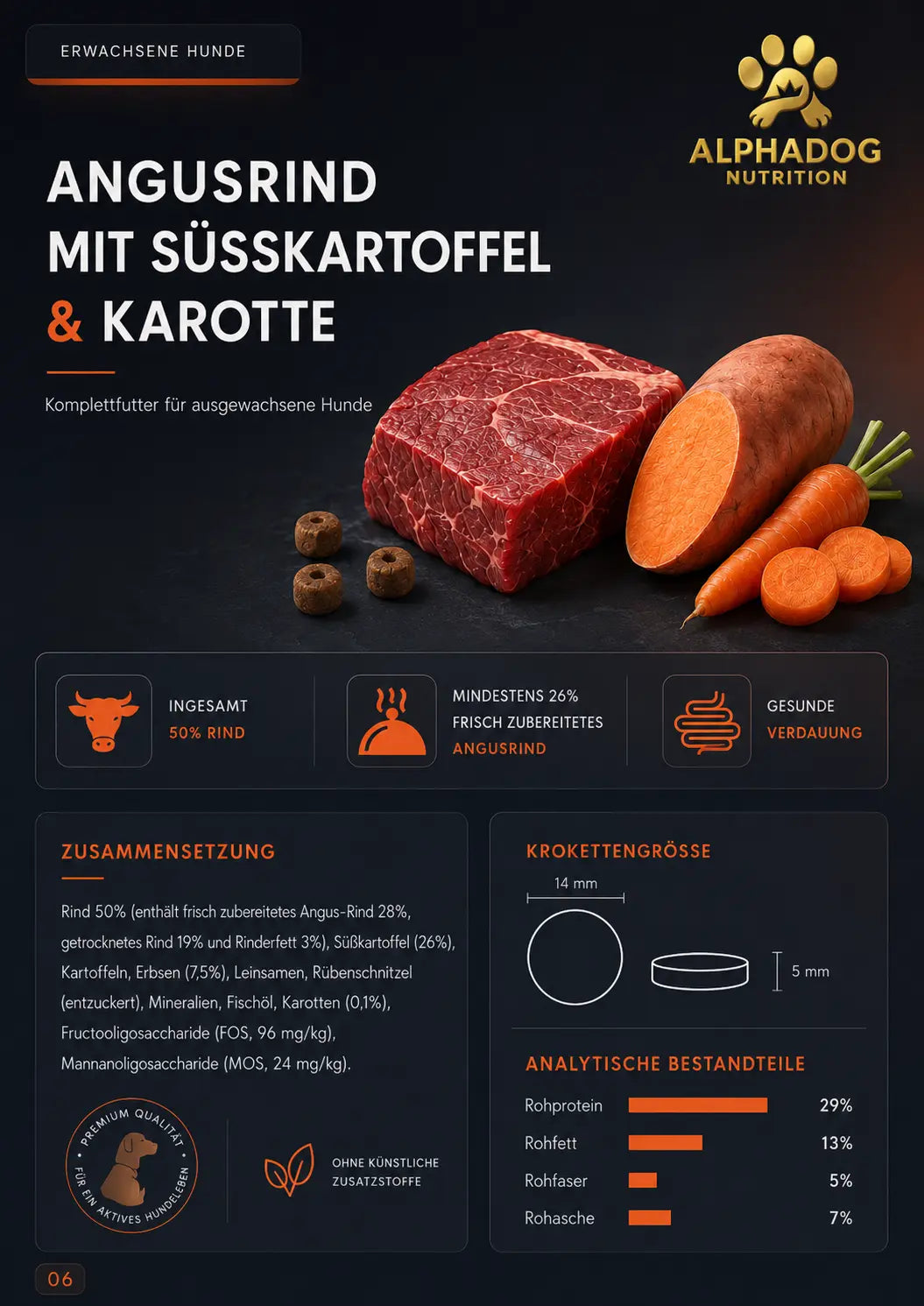 Premium 50% Angus Rind frisch zubereitet, mit Süßkartoffel, Erbsen & Karotte - Aktive Darmpflege, Kraftquelle Alphadog Nutrition