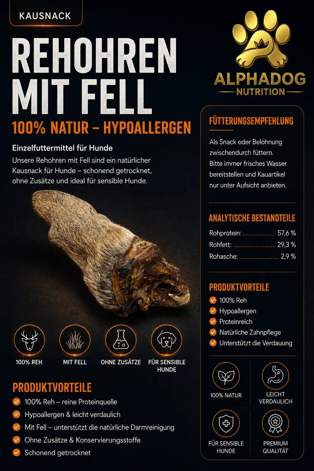 Premium 100% Rehohren mit Fell - Hypoallergene Alphadog Nutrition