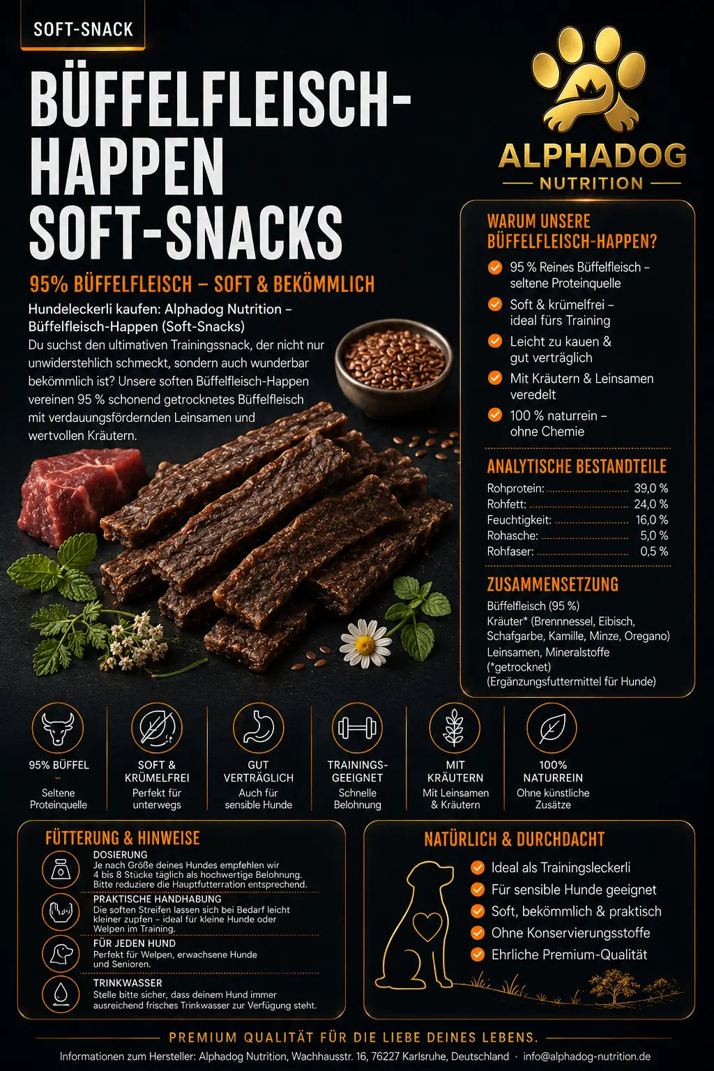 Premium 95% Wasserbüffelfleisch - Verdauungsprobleme, Allergien Alphadog Nutrition