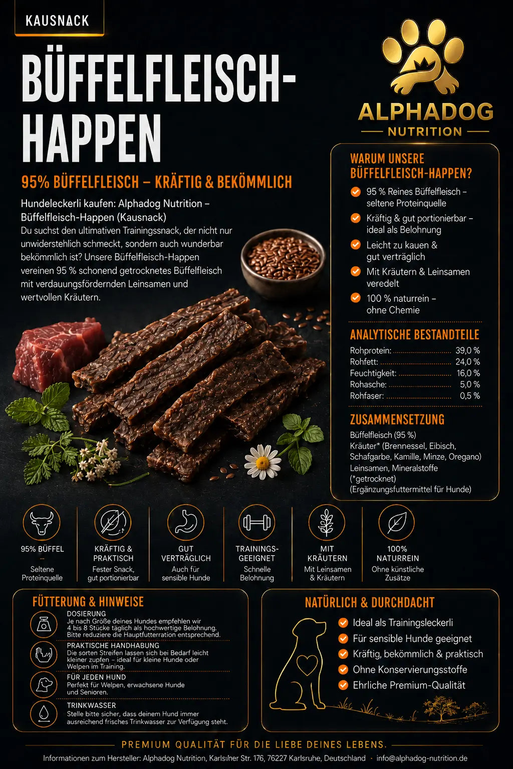 Premium 95% Wasserbüffelfleisch - Verdauungsprobleme, Allergien Alphadog Nutrition