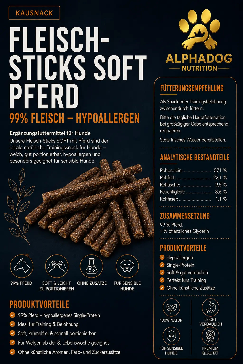 Premium 99% Pferd Fleisch Sticks - Hypoallergen Alphadog Nutrition