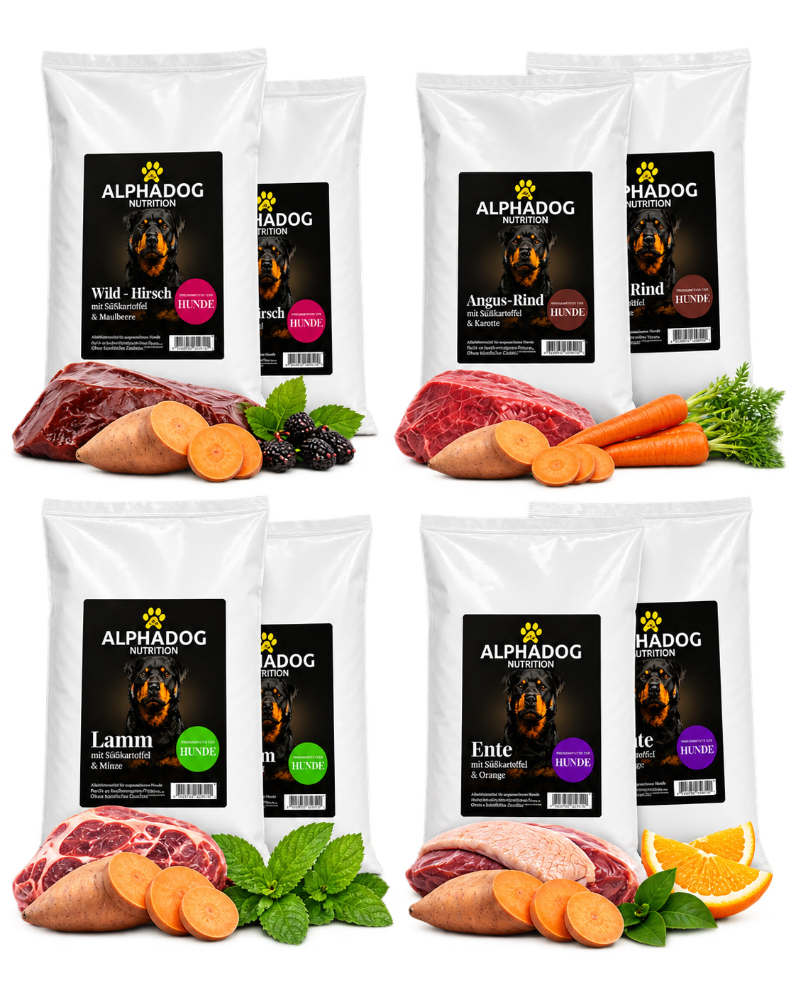 Probierpaket für Feinschmecker 8x 100g - Mit Lamm, Rind, Ente, Wild & Lachs, Versandkostenfrei – von Alphadog Nutrition