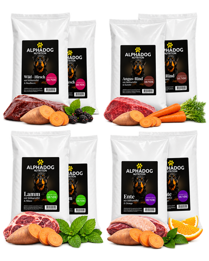 Probierpaket für Feinschmecker 8x 100g - Mit Lamm, Rind, Ente, Wild & Lachs, Versandkostenfrei – von Alphadog Nutrition
