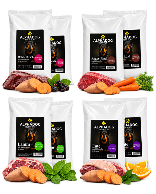 Probierpaket für Feinschmecker 8x 100g - Mit Lamm, Rind, Ente, Wild & Lachs, Versandkostenfrei – von Alphadog Nutrition