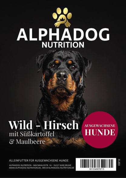 Premium Adult mit 50% frischem Wild & Hirsch, Süßkartoffel, Lachs & Maulbeere Alphadog Nutrition